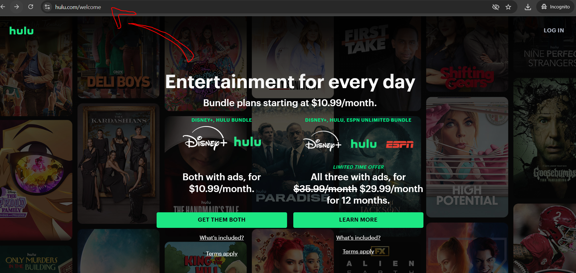 Hulu website login screen